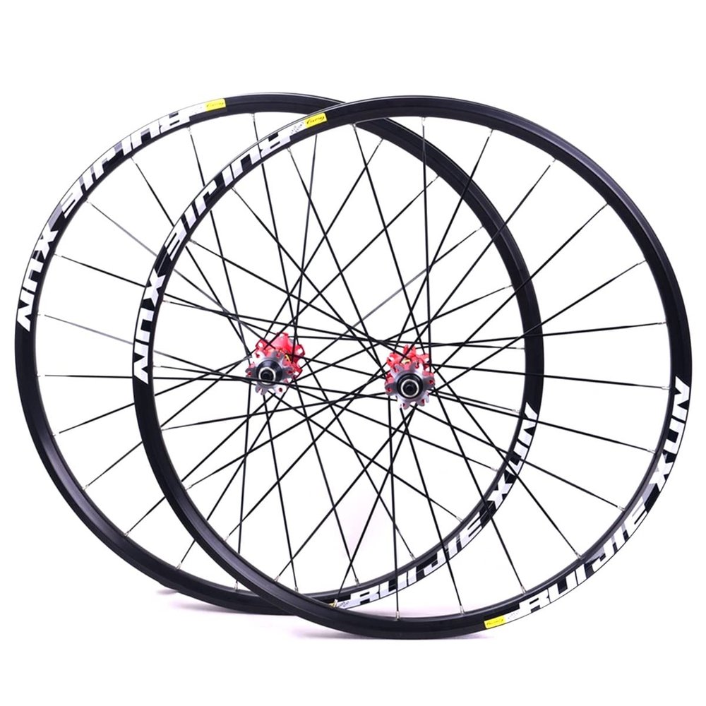 RUJIXU MTB Bicycle Wheelset, Mountain Bike Front Rear Wheels Set 26" 27.5" 29" Double Layer Alloy Rim Sealed Bearing, QR 8-11 Speed Cassette Carbon Hub Disc Brake 6 Bolts (Color : Red hud, Size : 26"