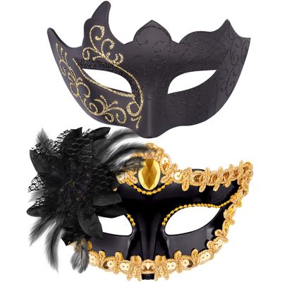 SIQUK Couple Masquerade Masks Plastic Venetian Party Mask Halloween Costume Mask Rhinestone Carnival Mask for Couples Women and Men, Black and Gold