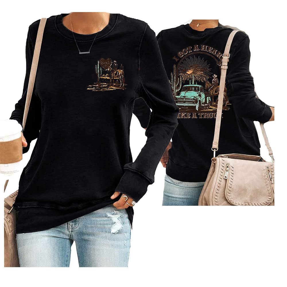 MOGUI I Got A Heart Like A Truck Tank Top Western Cowboy Sunset T-Shirt I Got A Heart Like A Truck T Shirt Fun Funny Vintage Gift Women Casual Loose Crewneck Long-Sleeved Retro T Pullover Black
