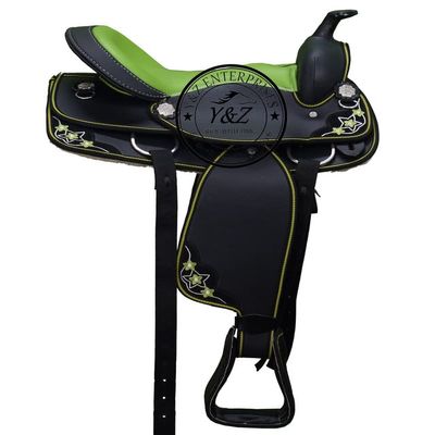 Y&Z Enterprises Youth Child Synthetic Western Horse Saddle Barrel Racing Tack + Headstall & Breast Collar (16 Inch Seat, Green)