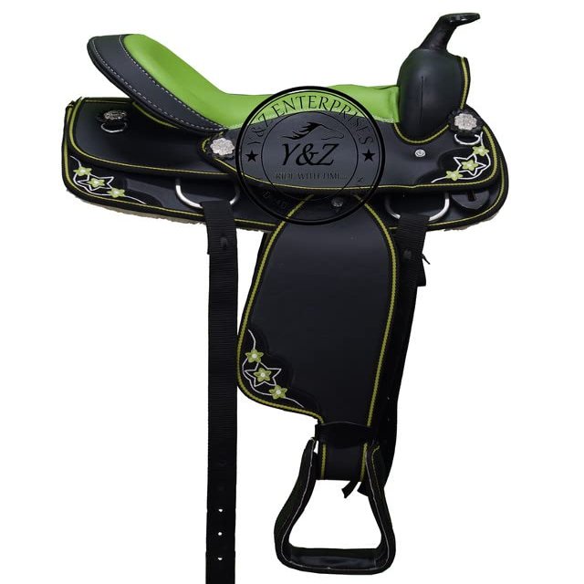 Y&Z Enterprises Youth Child Synthetic Western Horse Saddle Barrel Racing Tack + Headstall & Breast Collar (16 Inch Seat, Green)