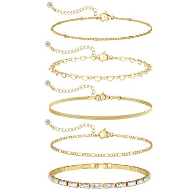 MBW 14K Gold Plated Bracelets for Women, Dainty Tennis Bracelet Set Stackable Bracelets CZ Tiny Cute Heart Figaro Link Chain Bracelet Minimalist Waterproof Jewelry for Women Trendy