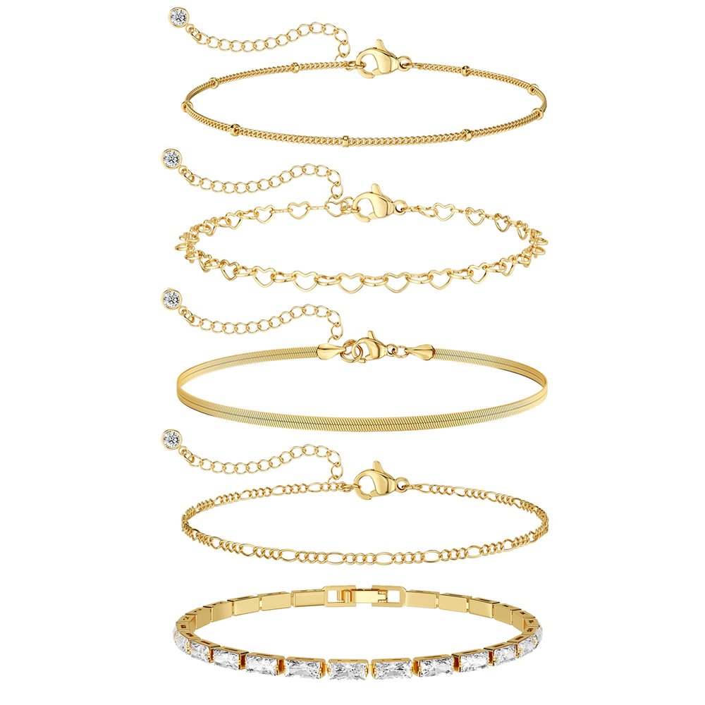MBW 14K Gold Plated Bracelets for Women, Dainty Tennis Bracelet Set Stackable Bracelets CZ Tiny Cute Heart Figaro Link Chain Bracelet Minimalist Waterproof Jewelry for Women Trendy