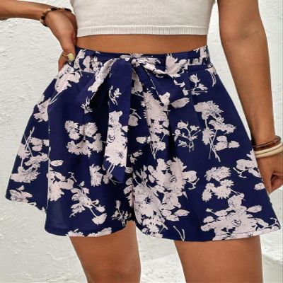 TERNEZ Shorts for Women Floral Print Belted Wide Leg Shorts (Color : Navy Blue, Size : Large)