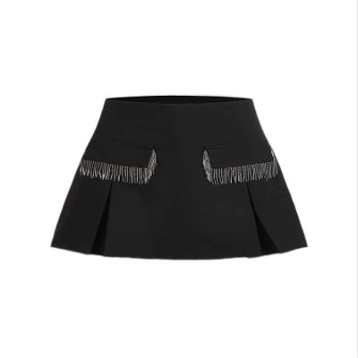 BFXLMKI Women's Shorts Fringe Trim Fold Pleated Skort (Color : Black, Size : Large)