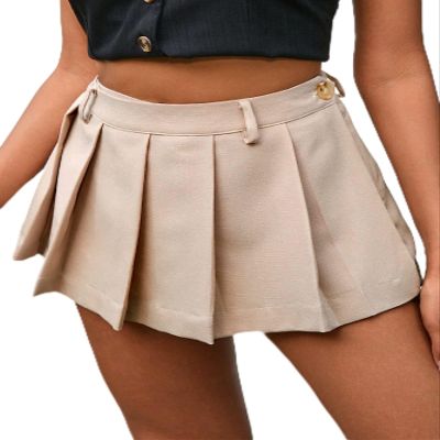 BFXLMKI Women's Shorts Solid Pleated Detail Skort (Color : Khaki, Size : Large)