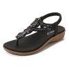 SACFOF Women Rhinestone Sandals Summer Flip Flops Beach Shoes Ankle T-Strap Thong Elastic Bohemian Dressy Wedge Sandals view 1