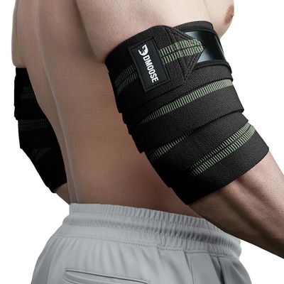 DMoose Fitness Elbow Wraps for Weightlifting (Pair) - 40'' Adjustable Elbow Strap for Gym Workout & Bench Press, Compression Elbow Wraps for Tendonitis & Joint Support, Elbow Sleeve (Green Stripes)