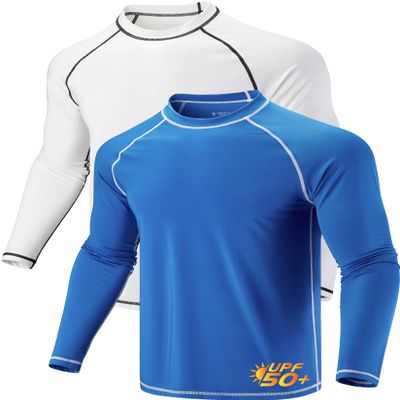2 Pack Men's Sun Protection Long Sleeve Swim Shirts UPF 50+ Loose Fit Rash Guards Fishing Quick Dry Clothing (Blue/White, X-Large)