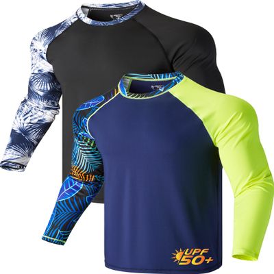 Liberty Pro 2-Pack Men's UV Long Sleeve Swim Shirts Loose Fit Rash Guards (Contrast Sleeves Navy/Black, Large)