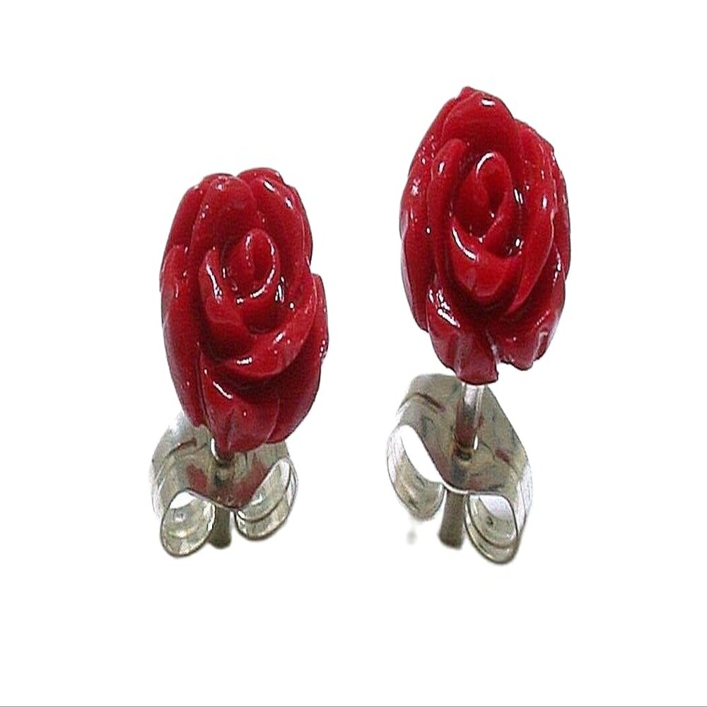 Resin Red Rose Flower 7mm 1/4 Inch Pair Sterling Silver Earrings PSE71/4823