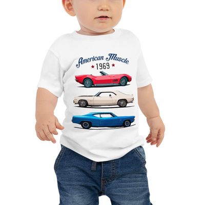 JG Infinite 1969 American Muscle Cars Chevy 'Vette Stingray Camaro Z28 Chevelle SS Baby Jersey Short Sleeve Tee White