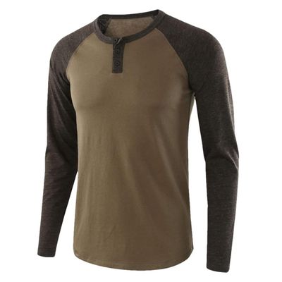 Dninmim Men Casual O Neck Long Raglan Sleeve Color Block T-Shirt Buttons Pullover