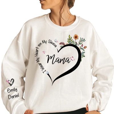 IZI POD I Wear My Heart on My Sleeve Mama Crewneck Sweatshirt, Custom Kids Names Sleeve, Personalized New Mom Gift for Birthday, Mothers Day, Christmas