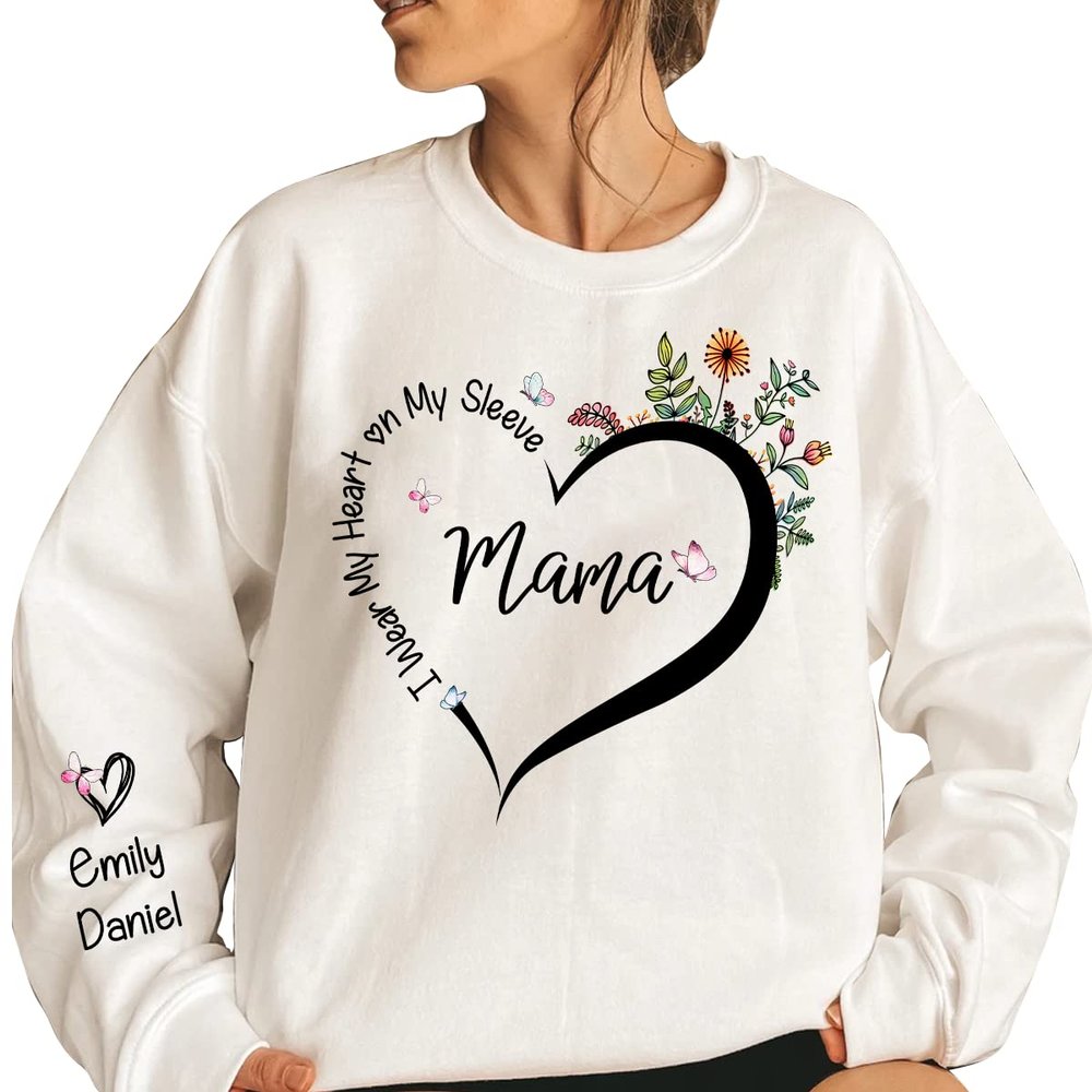 IZI POD I Wear My Heart on My Sleeve Mama Crewneck Sweatshirt, Custom Kids Names Sleeve, Personalized New Mom Gift for Birthday, Mothers Day, Christmas