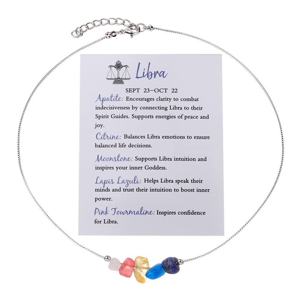12 Constellation Zodiac Sign Choker Necklace Raw Crystal Natural Stone Healing Chakra Gemstone Horoscope Astrology Jewelry for Women Birthday Gift-Libra