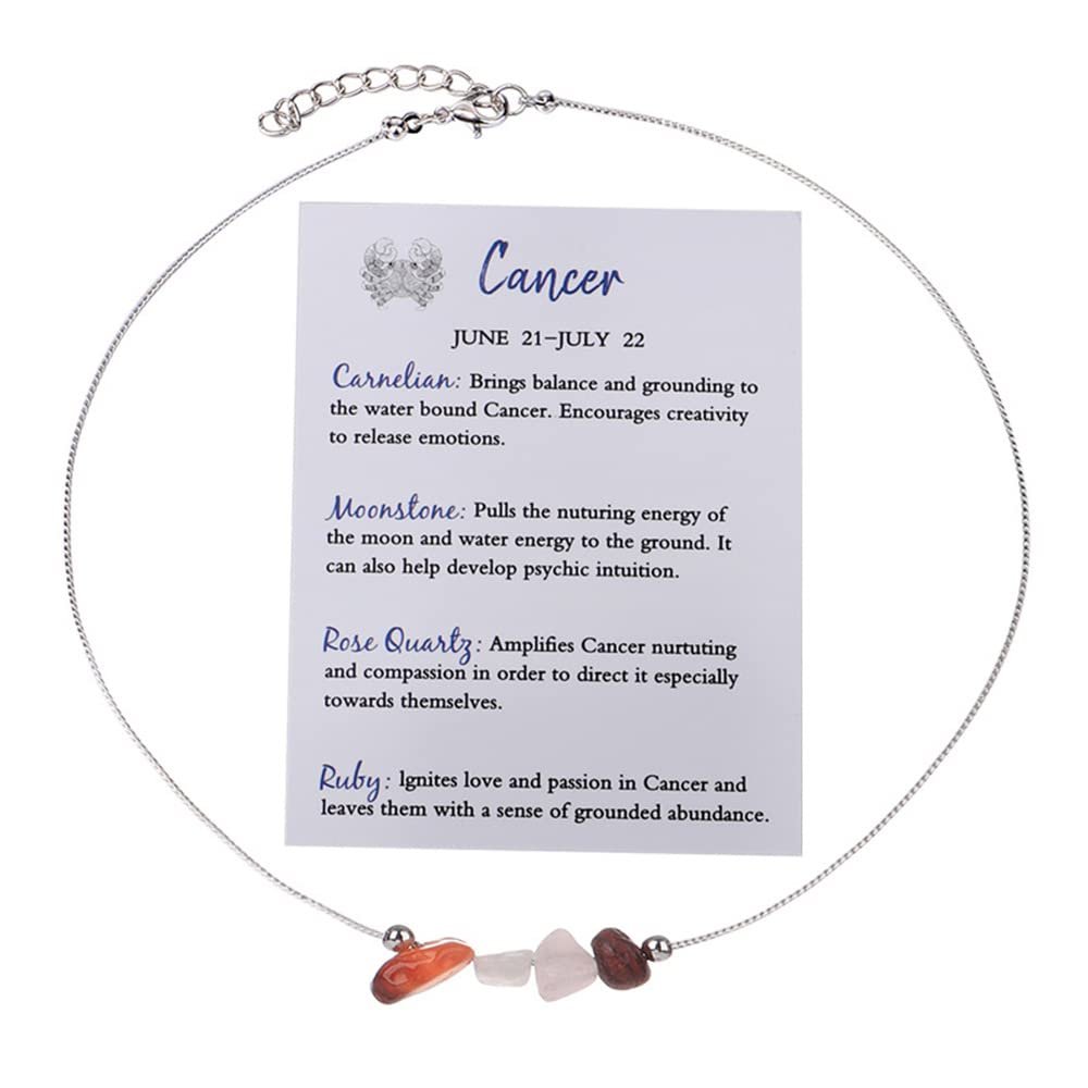 12 Constellation Zodiac Sign Choker Necklace Raw Crystal Natural Stone Healing Chakra Gemstone Horoscope Astrology Jewelry for Women Birthday Gift-Cancer
