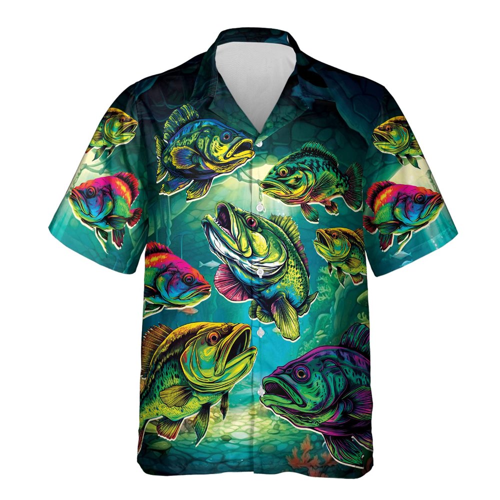 Bass Fishing Hawaiian Shirt for Men - Largemouth Bass Casual Button Down Unisex Luau Shirt for Men Women Series 46 Size L
