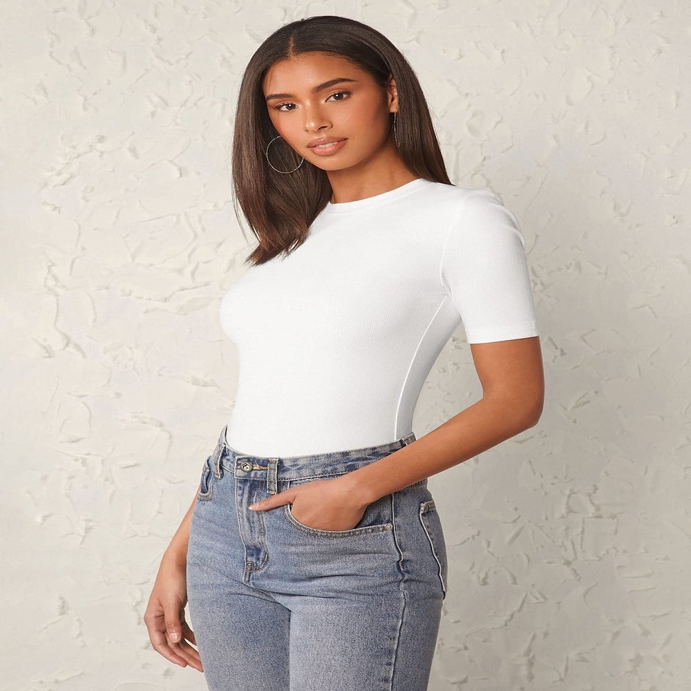 BEIDES Women's 2023 Casual Short-Sleeve T-Shirt Round Neck Cotton Solid Form Fitted Tee for Tops Tee