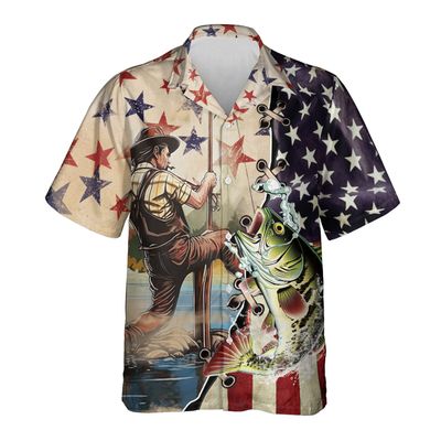 Bass Fishing Hawaiian Shirt for Men - Patriotic Flag Casual Button Down Unisex Luau Shirt for Men Women Series 46 Size XL