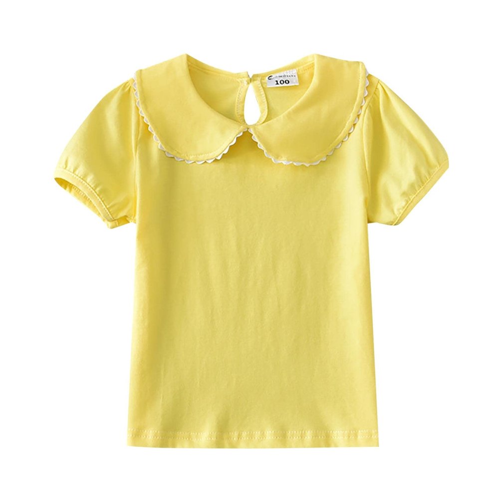Girls Summer T Shirt Small Fresh Lace Short Sleeve Lapel Short Sleeve Solid Color for 0 to 6 Years (Yellow, 3-4 Years)