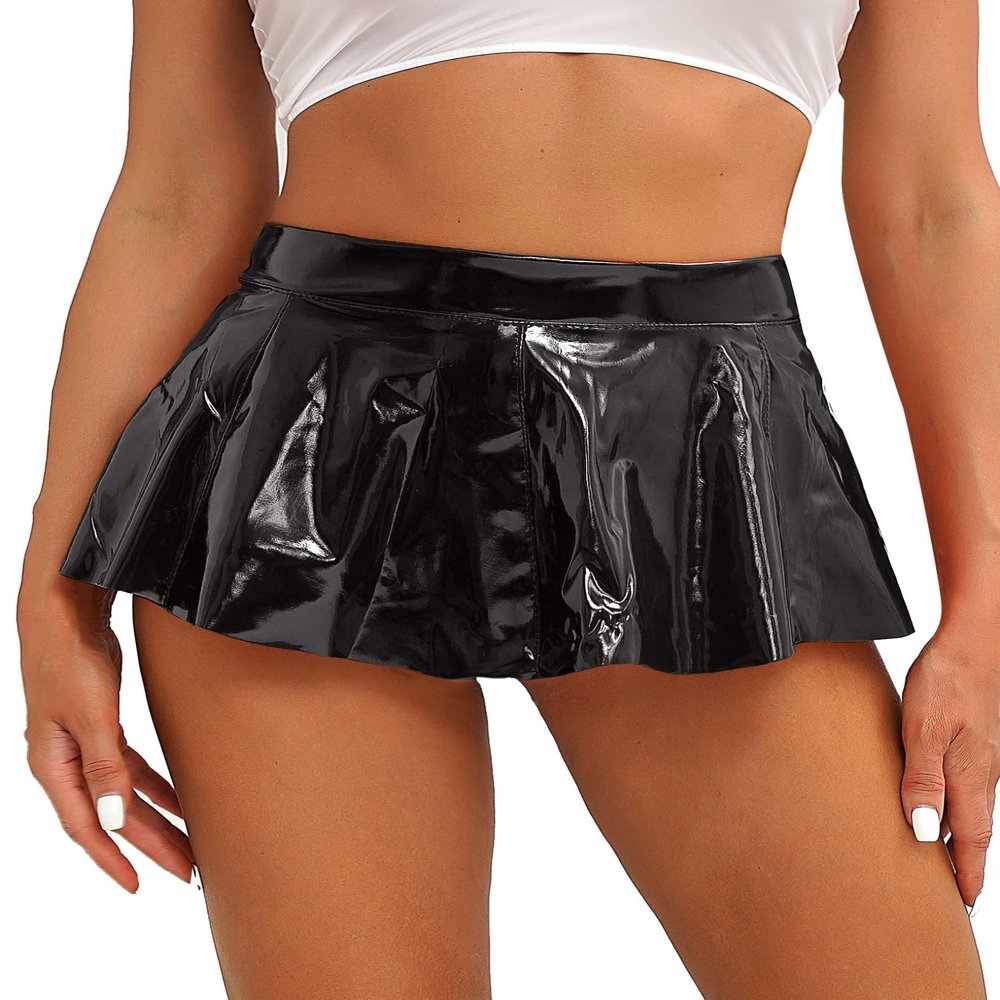 QinCiao Women's Shiny Ruffle Mini Skirt Wetlook A-Line Zip Back Flared Skirts for Party Rave Club Black X-Large