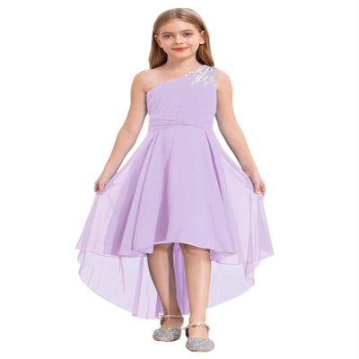 Linjinx Kids Girls Chiffon One Shoulder Shiny Beaded Party Dress Bridesmaid Wedding Pageant Ball Gown Lavender 12 Years