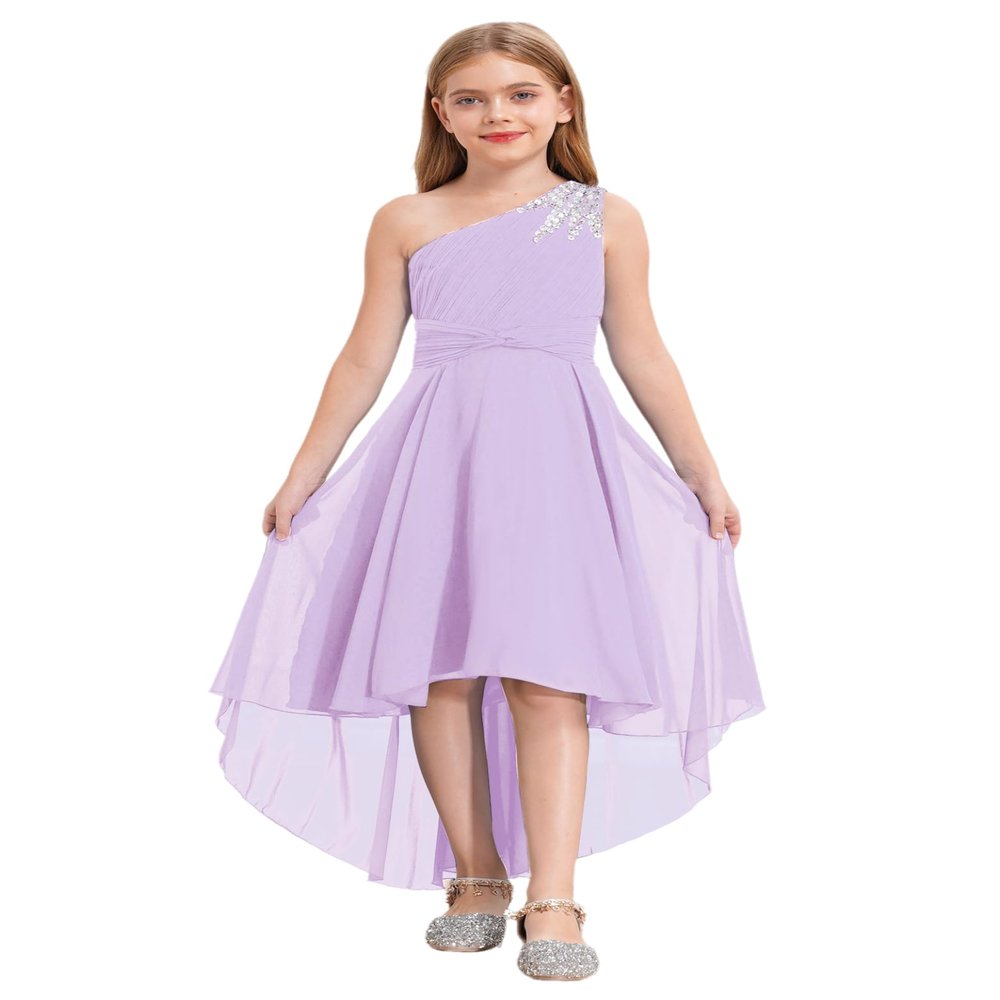 Linjinx Kids Girls Chiffon One Shoulder Shiny Beaded Party Dress Bridesmaid Wedding Pageant Ball Gown Lavender 12 Years