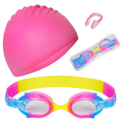 3 Pieces Kids Swim Cap for Boys Girls Silicone Swimming Cap for Short Hair with Swimming Goggles and Nose Clip Pink Unisex Waterproof Bathing Caps for Age 3-15 Children Boys Girls(Pink)