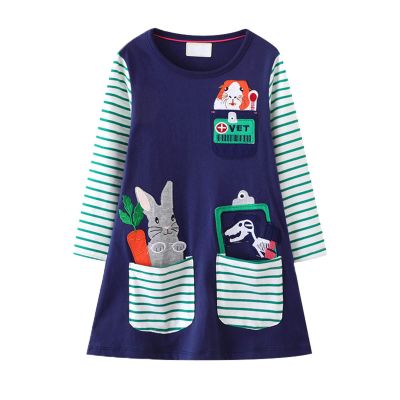 Tween Dresses with Sleeves Baby Girls Kids Crew Neck Long Sleeves Cartoon Prints Sundress Casual (Dark Blue, 3-4 Years)