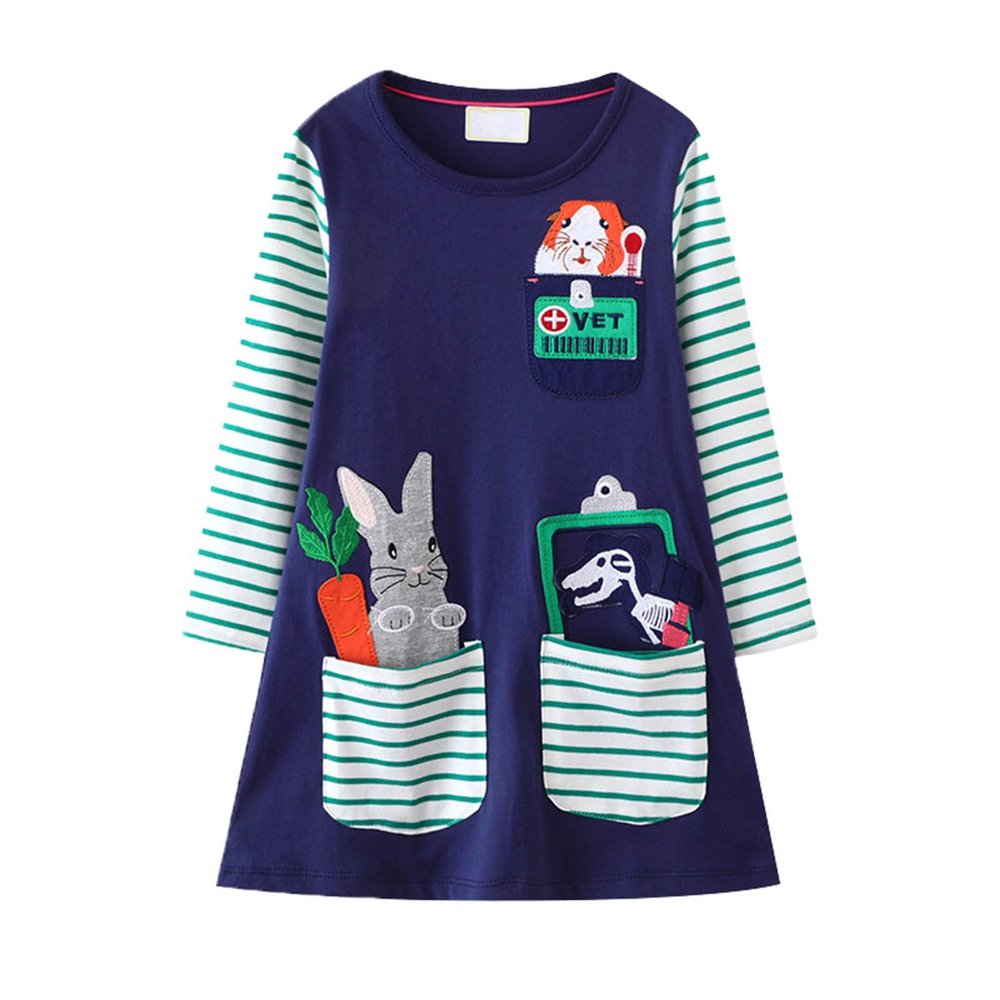 Tween Dresses with Sleeves Baby Girls Kids Crew Neck Long Sleeves Cartoon Prints Sundress Casual (Dark Blue, 3-4 Years)