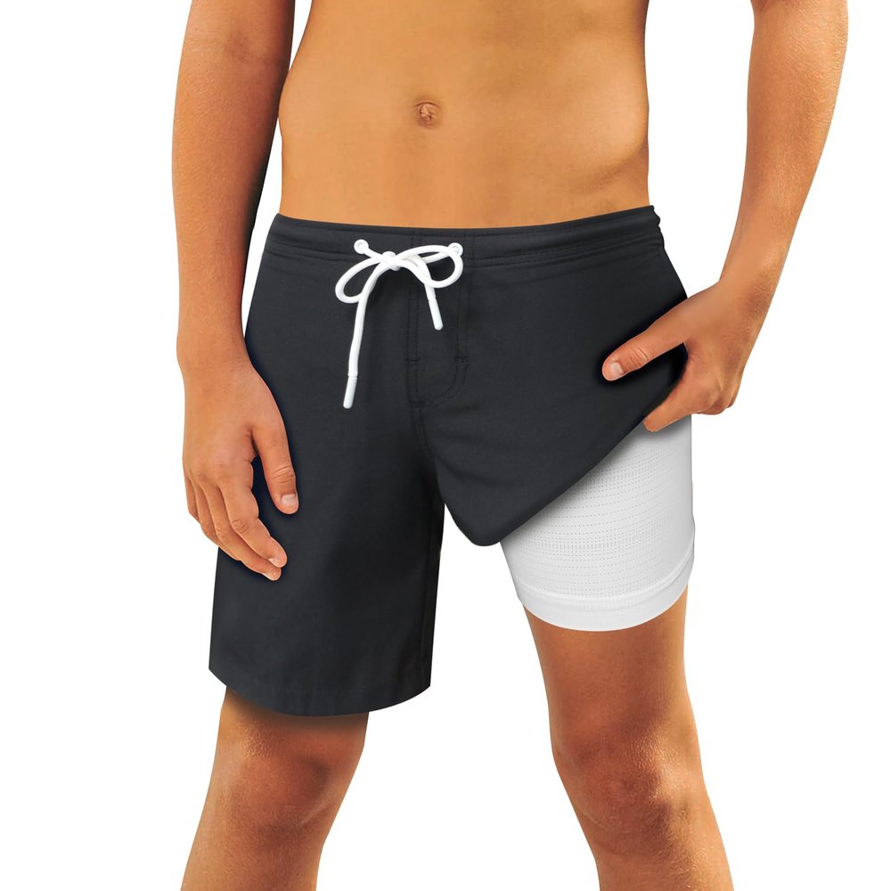 QRANSS Comfortable 4 Way Stretch Black Swim Trunks Boys Smooth Fabric Swimsuits for Little Toddler Boys Fashion Compression Shorts Size 3T