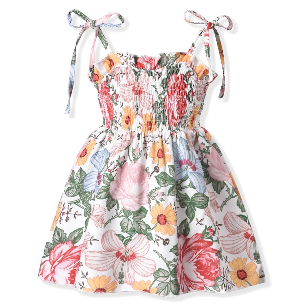 18-24 Months Baby Girls Spaghetti Tie Strap Smocking Dress Floral Sleeveless Summer Clothes
