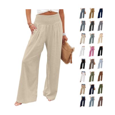 Womens Wide Leg Linen Long Lounge Pants High Waist Loose Lightweight Fit Casual Trousers Comfy Boho Palazzo Pants