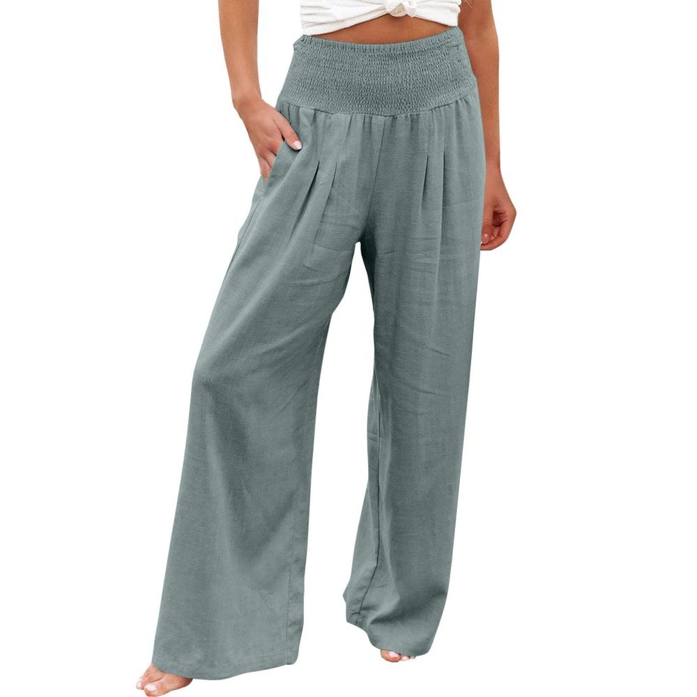 Womens Wide Leg Linen Long Lounge Pants High Waist Loose Lightweight Fit Casual Trousers Comfy Boho Palazzo Pants