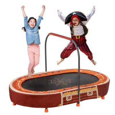 BRINJOY Kids Trampoline with Handle, Mini Rebounder Double Trampoline for 2 Kids w/Safety Pad, Foldable Exercise Trampoline for Toddlers Boys Girls Indoor Outdoor Cardio Max Load 200 lbs, Pirate Ship