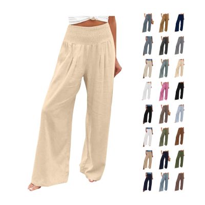 Womens Wide Leg Linen Long Lounge Pants High Waist Loose Lightweight Fit Casual Trousers Comfy Boho Palazzo Pants