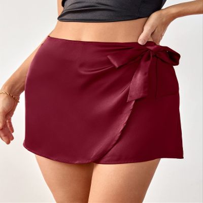 ABZEKH Shorts for Women Shorts Women's Shorts Solid Knot Side Wrap Skort Shorts (Color : Burgundy, Size : Large)