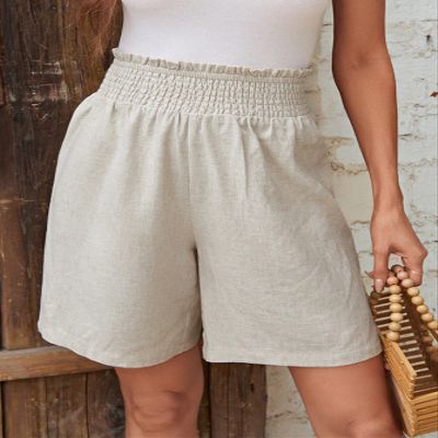 ABZEKH Shorts for Women Shorts Women's Shorts Solid Paperbag Waist Wide Leg Shorts Shorts (Color : Khaki, Size : Small)