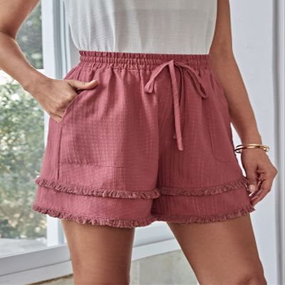 ABZEKH Shorts for Women Shorts Women's Shorts Fringe Trim Drawstring Waist Raw Hem Shorts Shorts (Color : Dusty Pink, Size : Small)