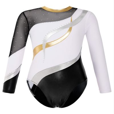CHICTRY Kids Girls Child Bronzing Rhinestone Long Sleeves Gymnastics Training Dancing Patchwork Style Leotard White 14 Years