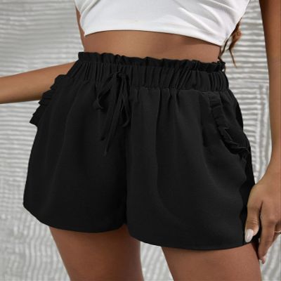ABZEKH Shorts for Women Shorts Women's Shorts Paper Bag Waist Knotted Front Frill Shorts Shorts (Color : Black, Size : Medium)