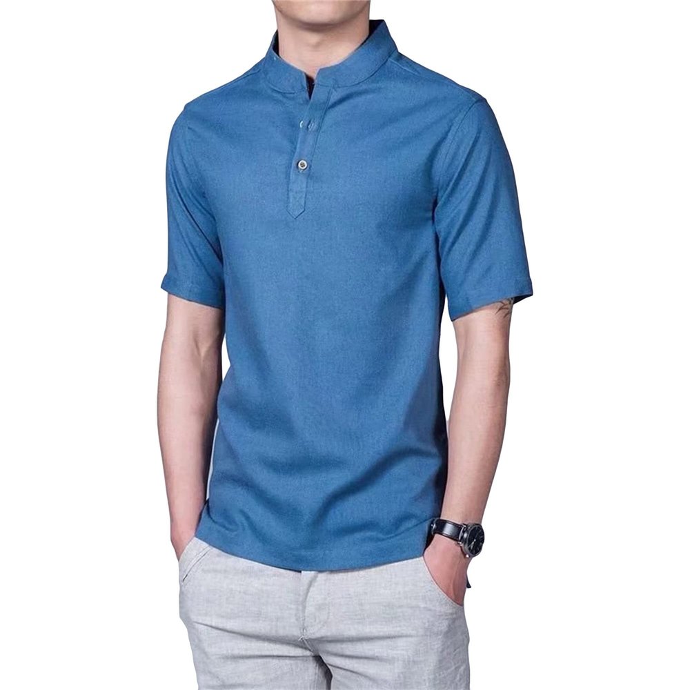 JEsilunmaMY Mens Solid Color Casual Henley T-Shirts Stand Collar V Neck Cotton Linen Shirt Summer Beach Hippie T Shirts (Blue,Medium)