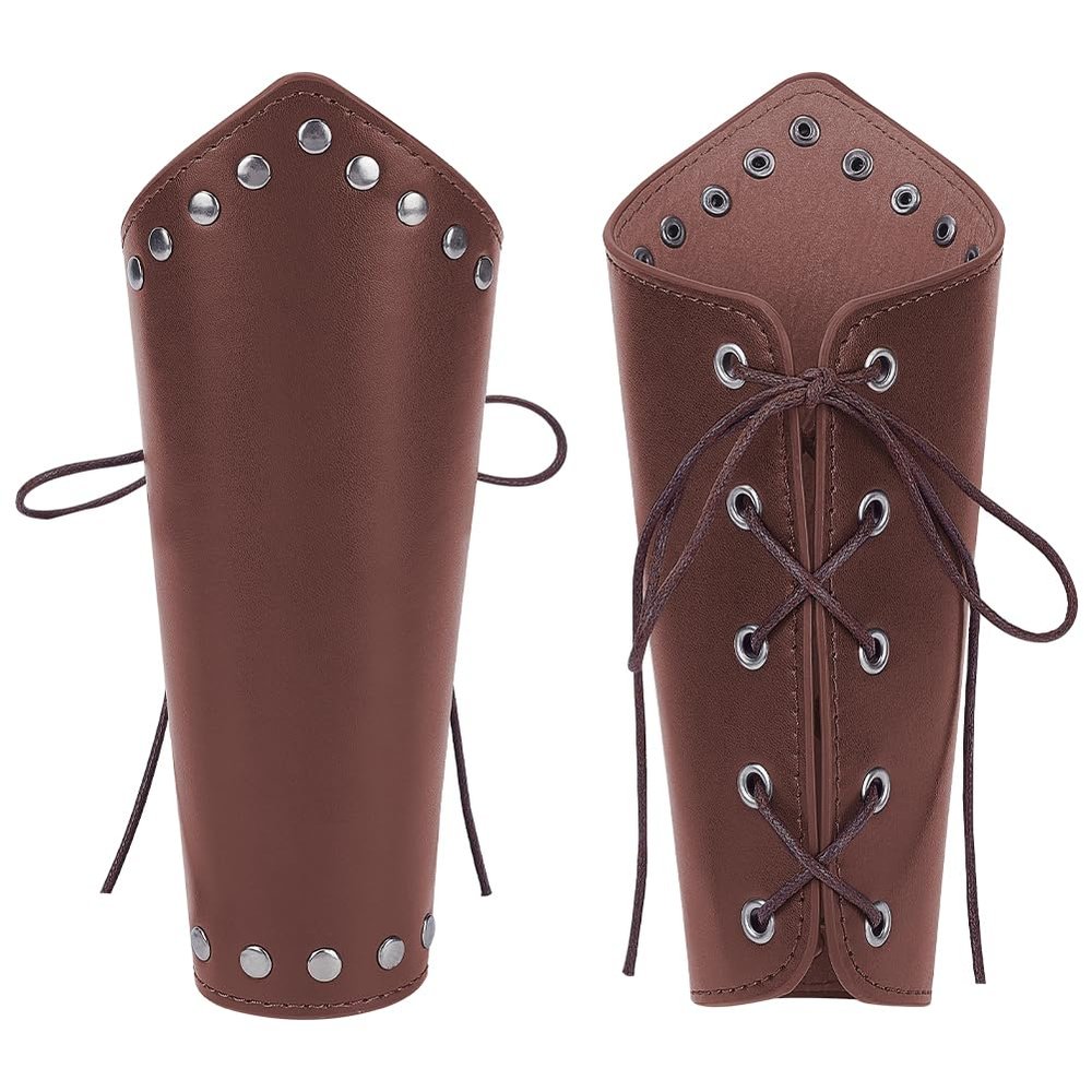 AHANDMAKER 2 Sets Leather Gauntlet Wristband, Medieval Wrist Armor Bracers Arm Armor Cuff, Punk Arm Guards, Renaissance Costume Accessories, for Men Women Cosplay, Brown