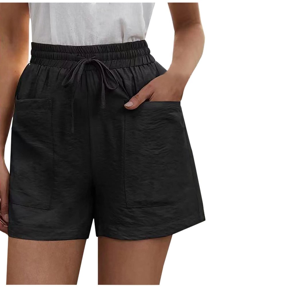 Women's Loose Wide Leg Shorts Summer Casual Cotton Linen Shorts Drawstring Elastic High Waist Pocket Straight Short Pants Black