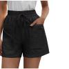 Women's Loose Wide Leg Shorts Summer Casual Cotton Linen Shorts Drawstring Elastic High Waist Pocket Straight Short Pants Black view 1