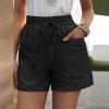 Women's Loose Wide Leg Shorts Summer Casual Cotton Linen Shorts Drawstring Elastic High Waist Pocket Straight Short Pants Black view 2