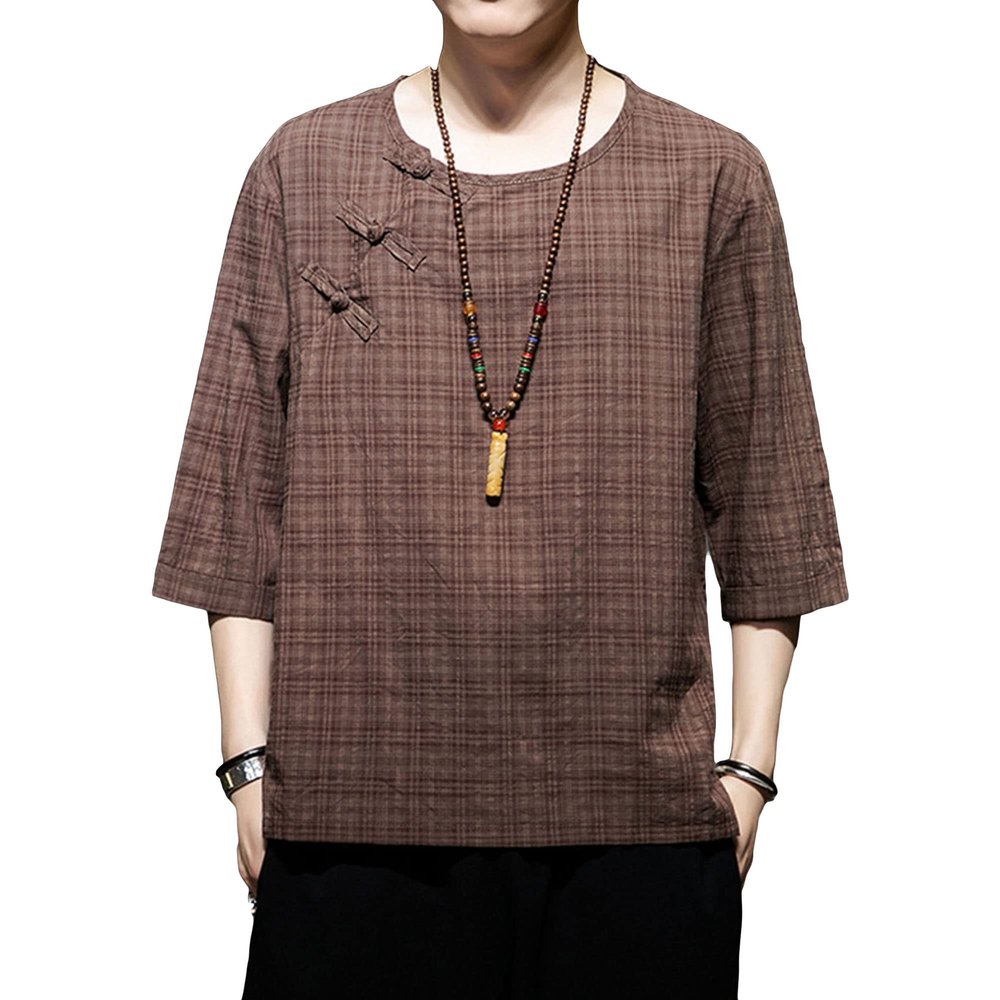 Mens Chinese Cotton Linen Plaid T-Shirt Half Sleeve Button Crewneck Hipster Shirts Plus Size Casual Loose Tees (Coffee,X-Large)