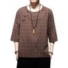 Mens Chinese Cotton Linen Plaid T-Shirt Half Sleeve Button Crewneck Hipster Shirts Plus Size Casual Loose Tees (Coffee,X-Large) view 1