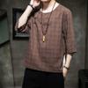 Mens Chinese Cotton Linen Plaid T-Shirt Half Sleeve Button Crewneck Hipster Shirts Plus Size Casual Loose Tees (Coffee,X-Large) view 2